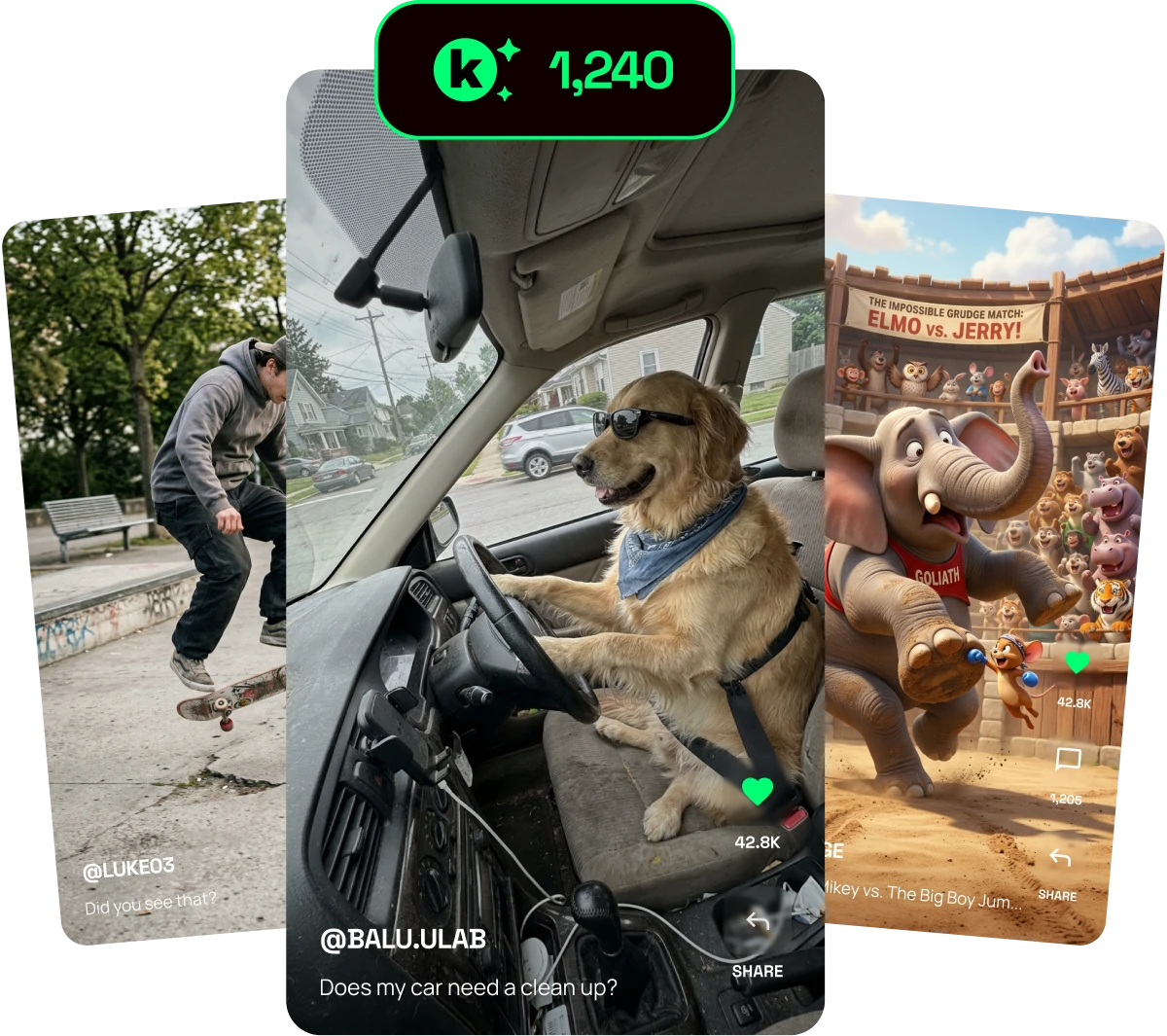 Flikk app feed — three phone cards showing shorts with coin rewards