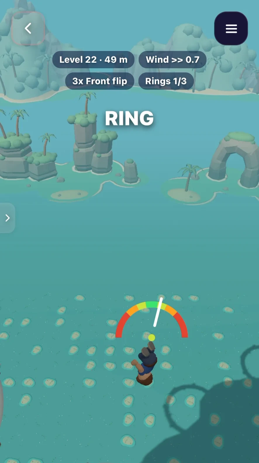 Cliff Diver Pro: a diver falls headfirst toward the turquoise sea, with a gauge for the entry and a Ring call-out