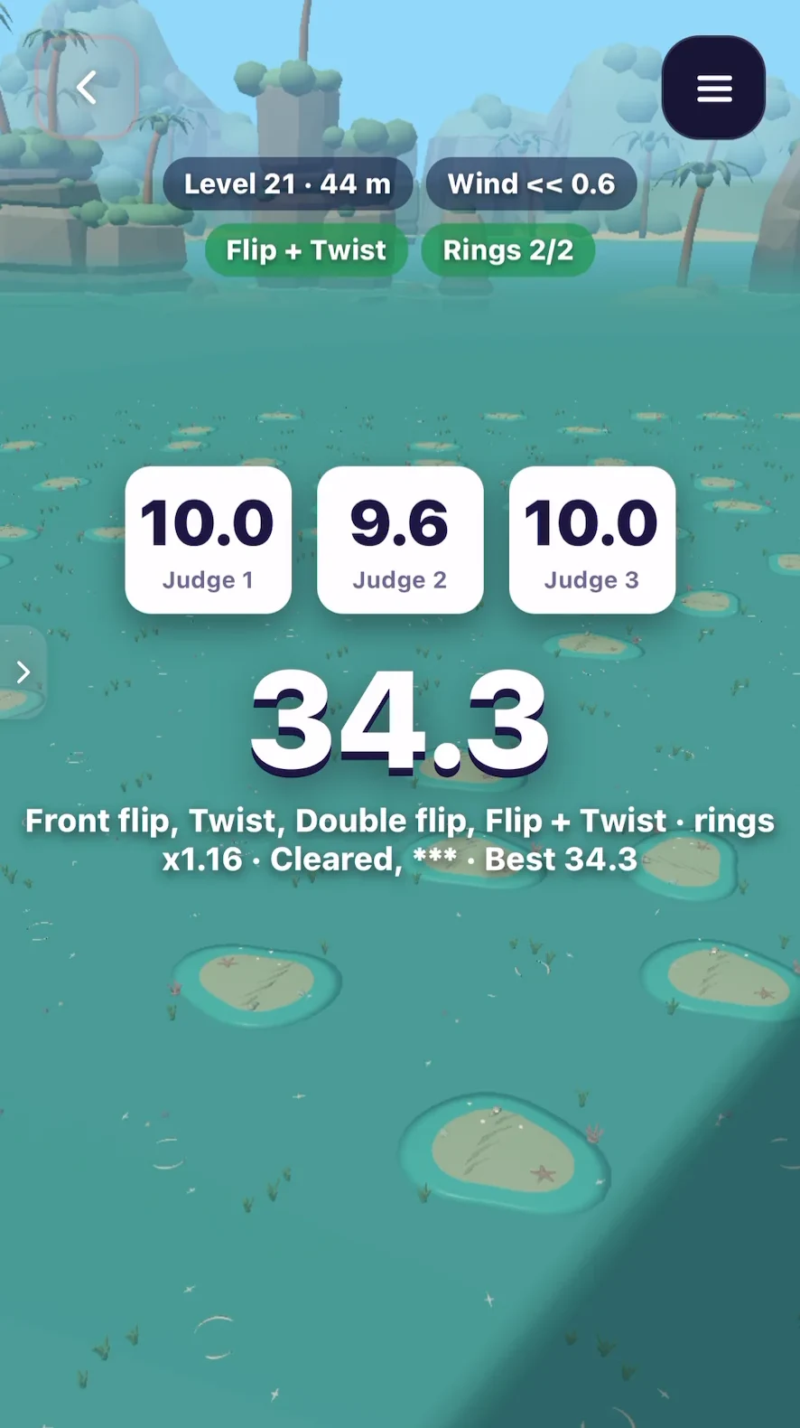 Cliff Diver Pro: three judges score a dive 10.0, 9.6 and 10.0 for a total of 34.3
