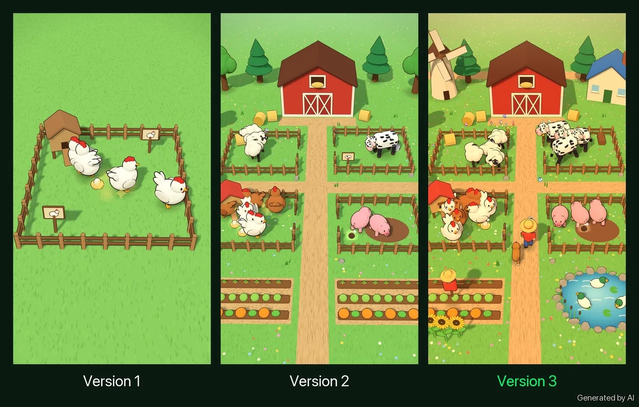 Illustration: the same farm game in three stages, from a bare yard to a full farm
