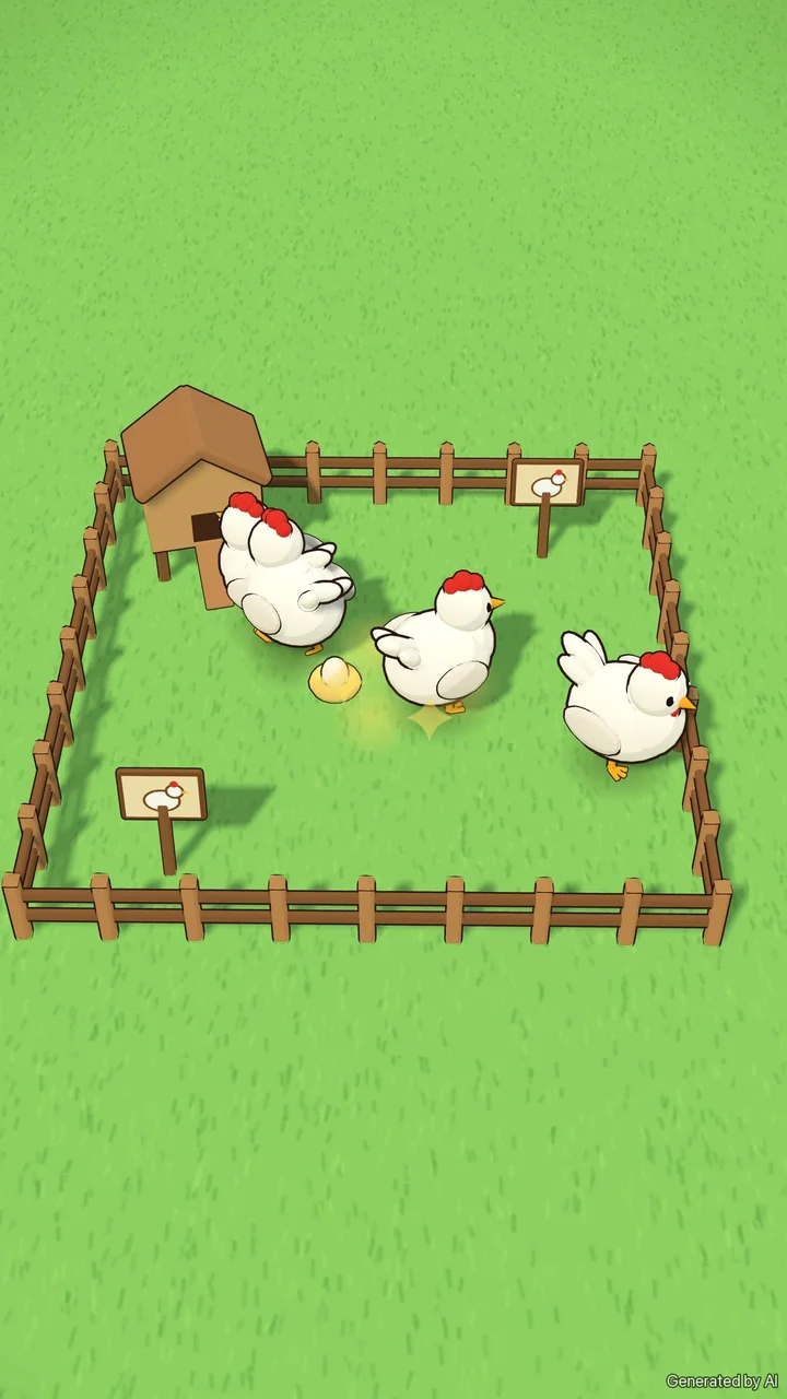 Illustration: version 1, a fenced yard with a coop and three hens