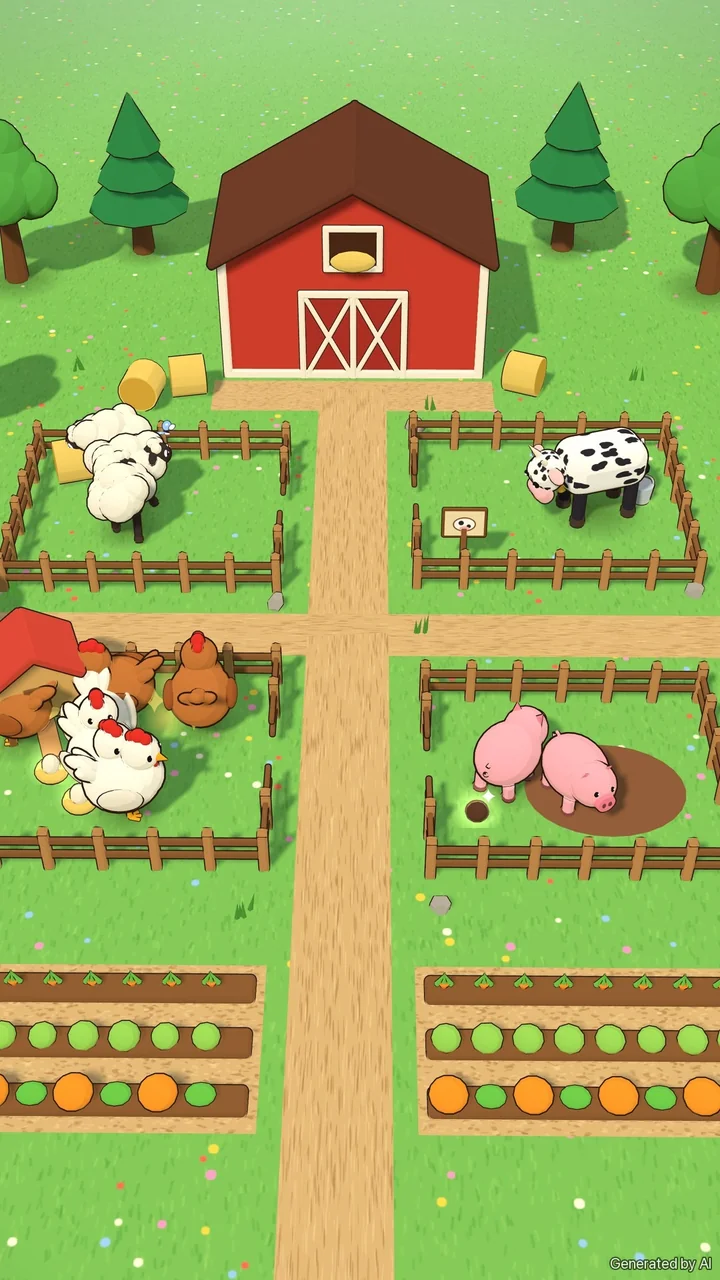 Illustration: version 2, a red barn, pens with cows, sheep, pigs and hens, and a veggie field