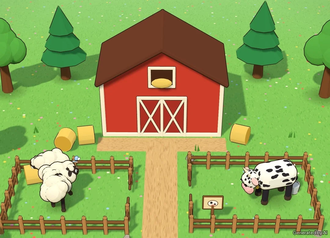 Illustration: close-up of the sheep, the cow and the red barn