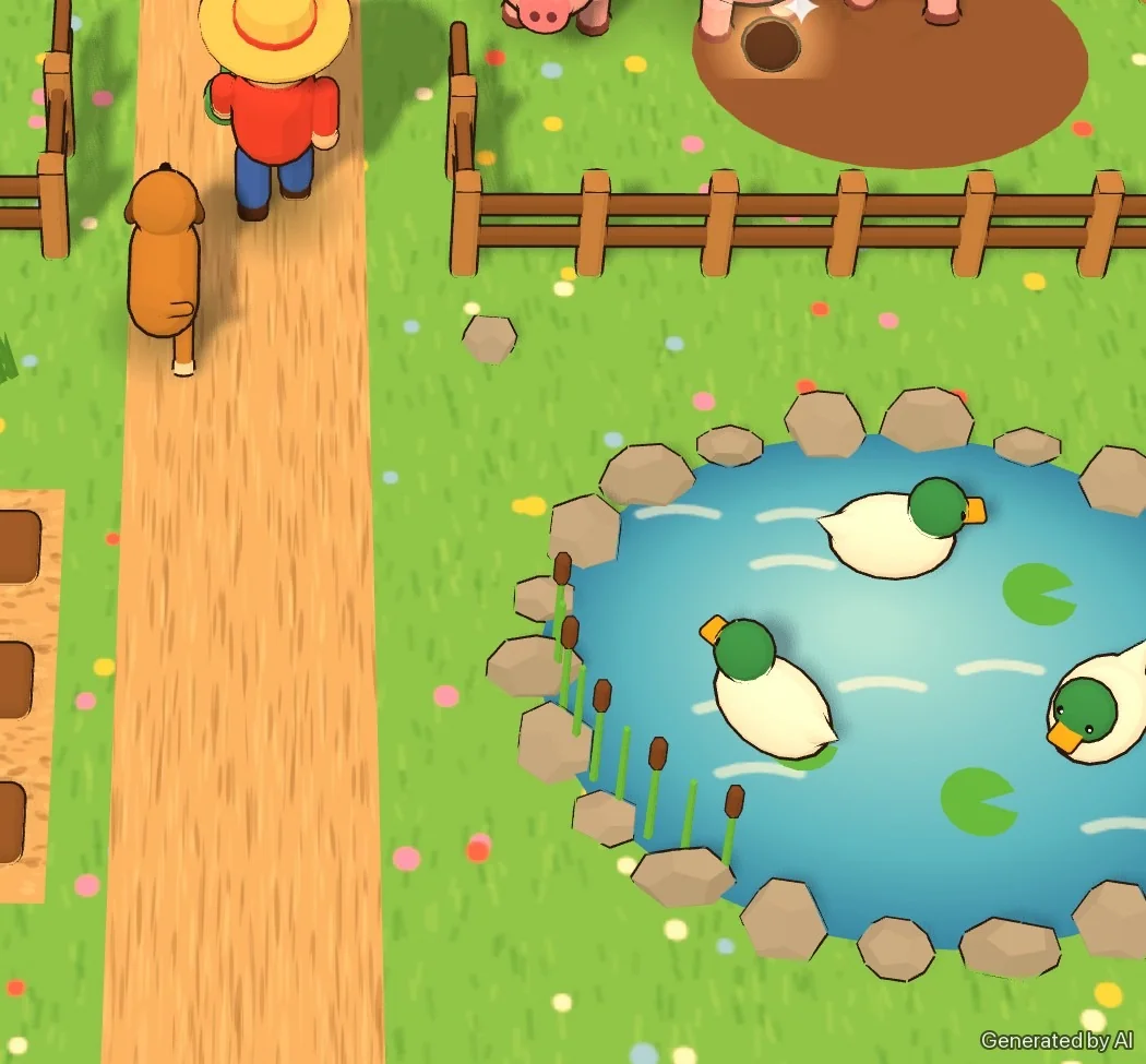 Illustration: close-up of the duck pond, the farmer and his dog