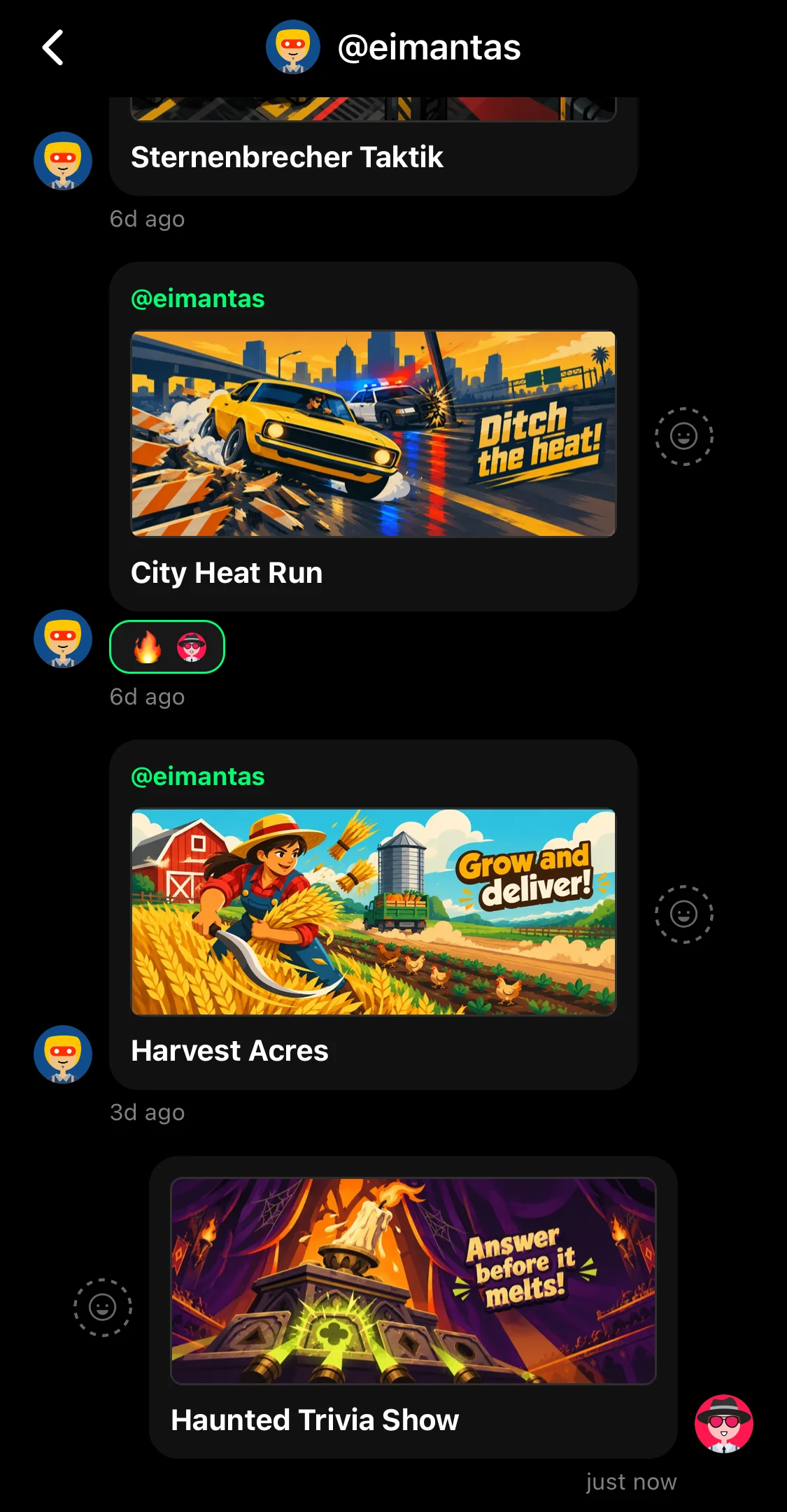 A chat in Flikk with shared games City Heat Run, Harvest Acres and Haunted Trivia Show, and a fire emoji reaction