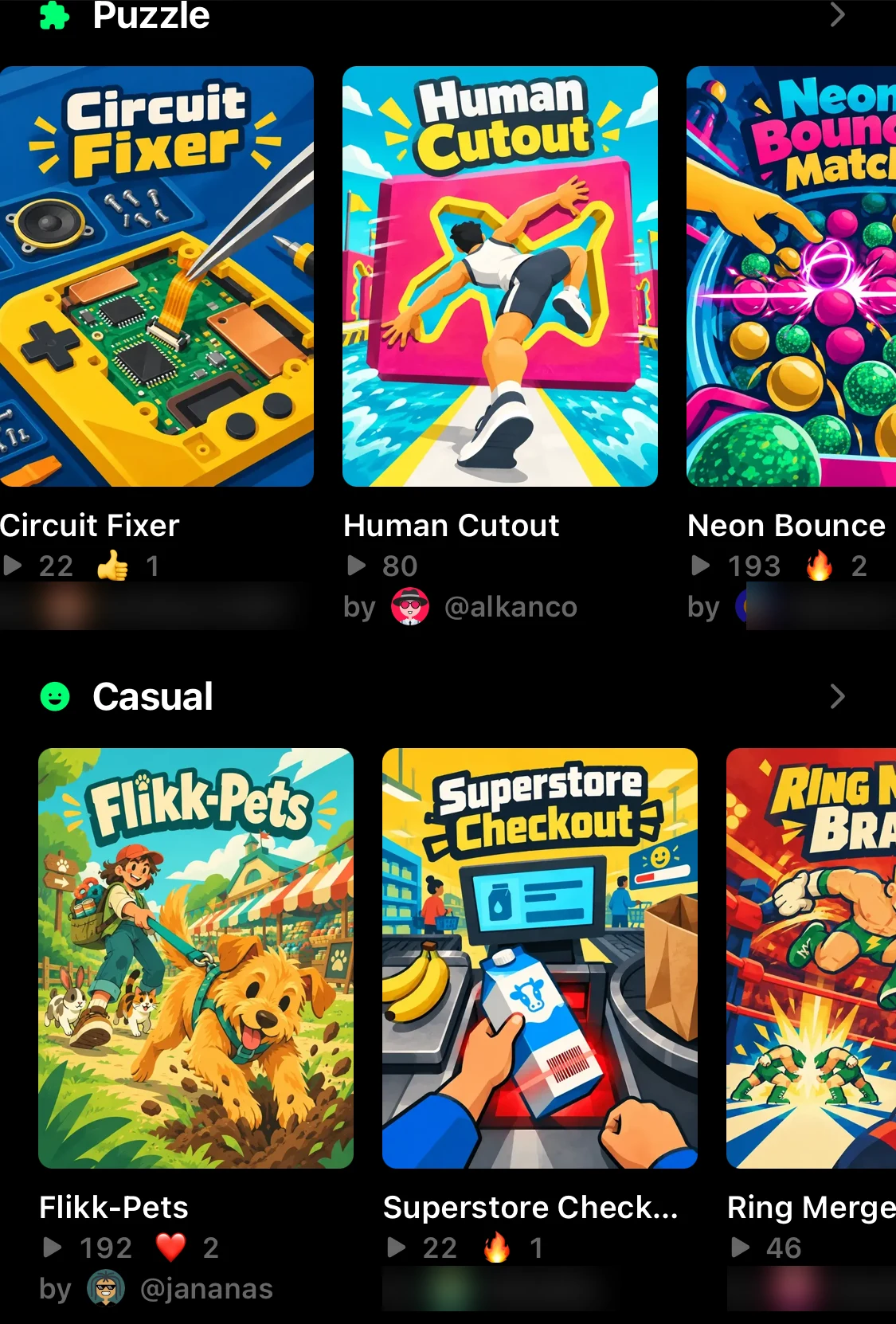 Game cards in the Flikk Explore tab with plays and reaction counts