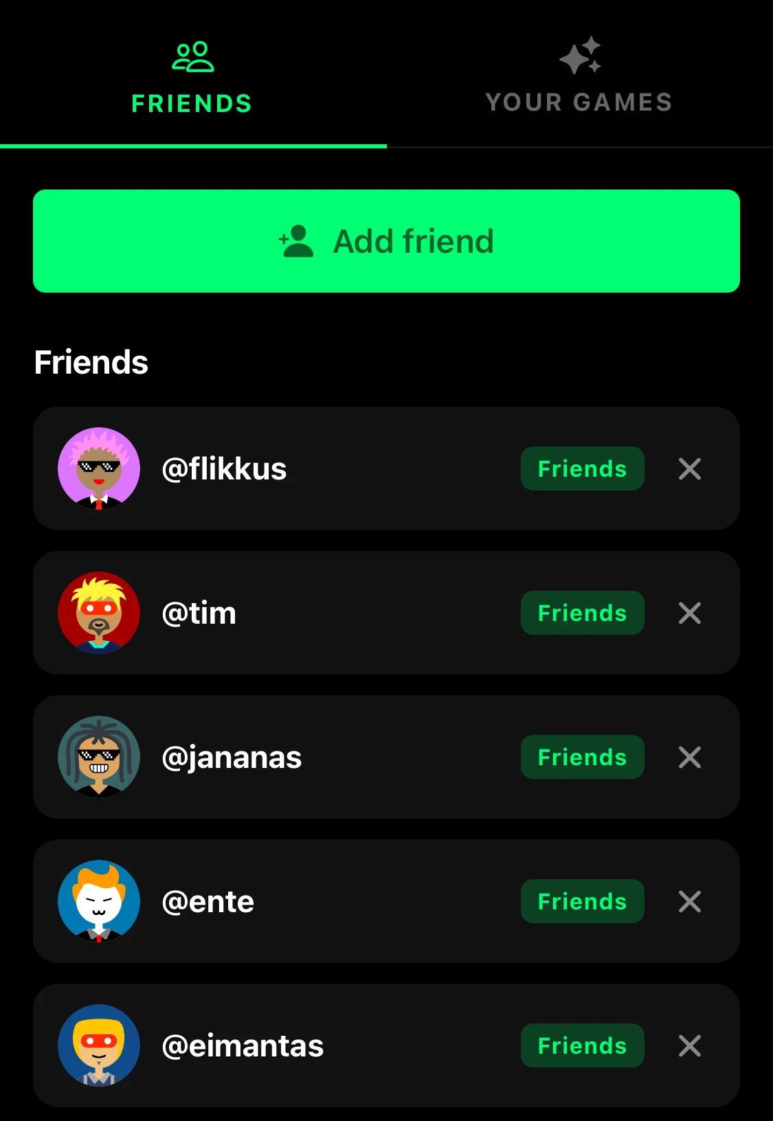 The Friends tab in the Flikk Profile: an Add friend button and a list of friends
