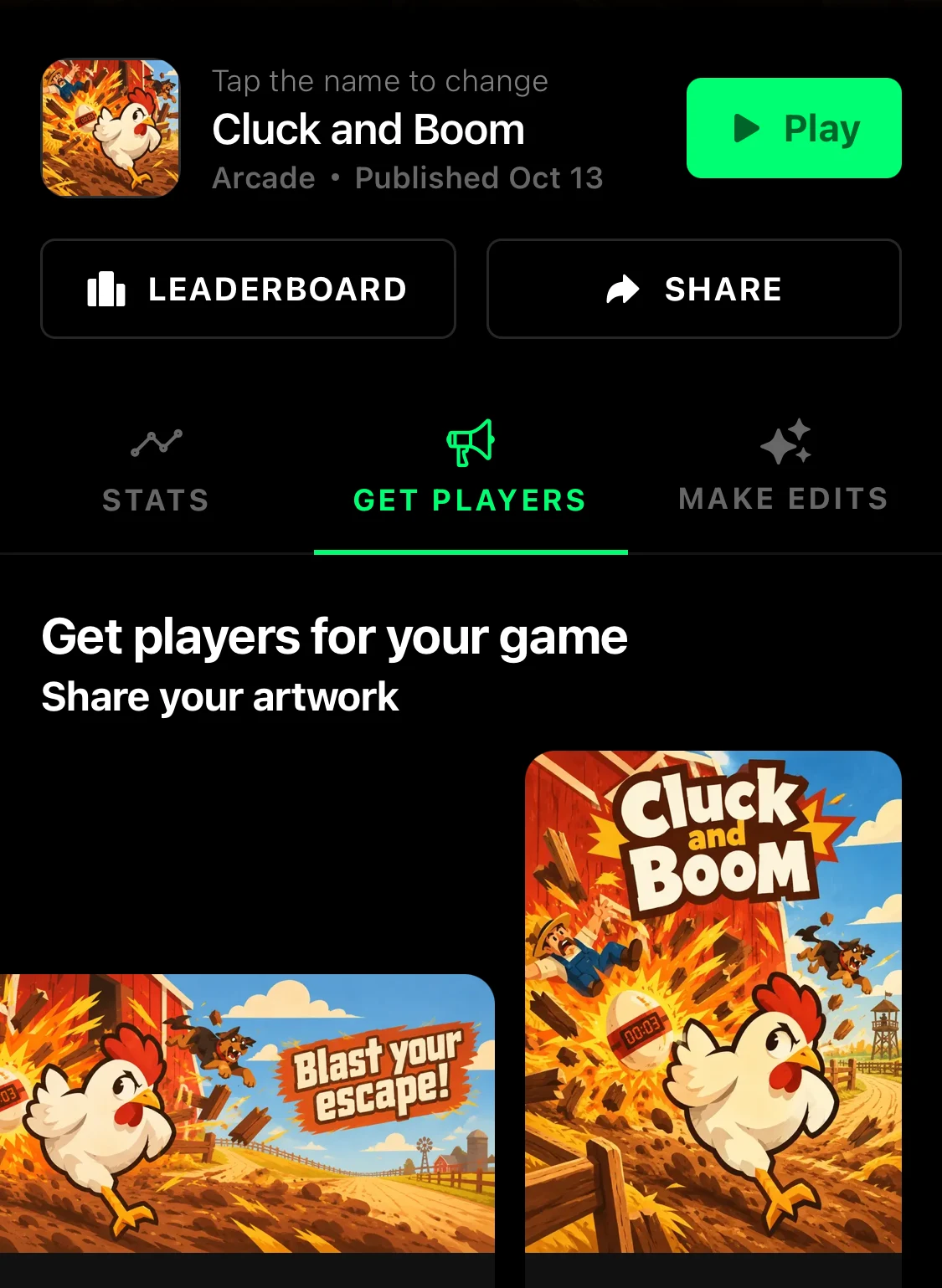 The Get Players tab for Cluck and Boom: Share your artwork with a banner and a tall cover