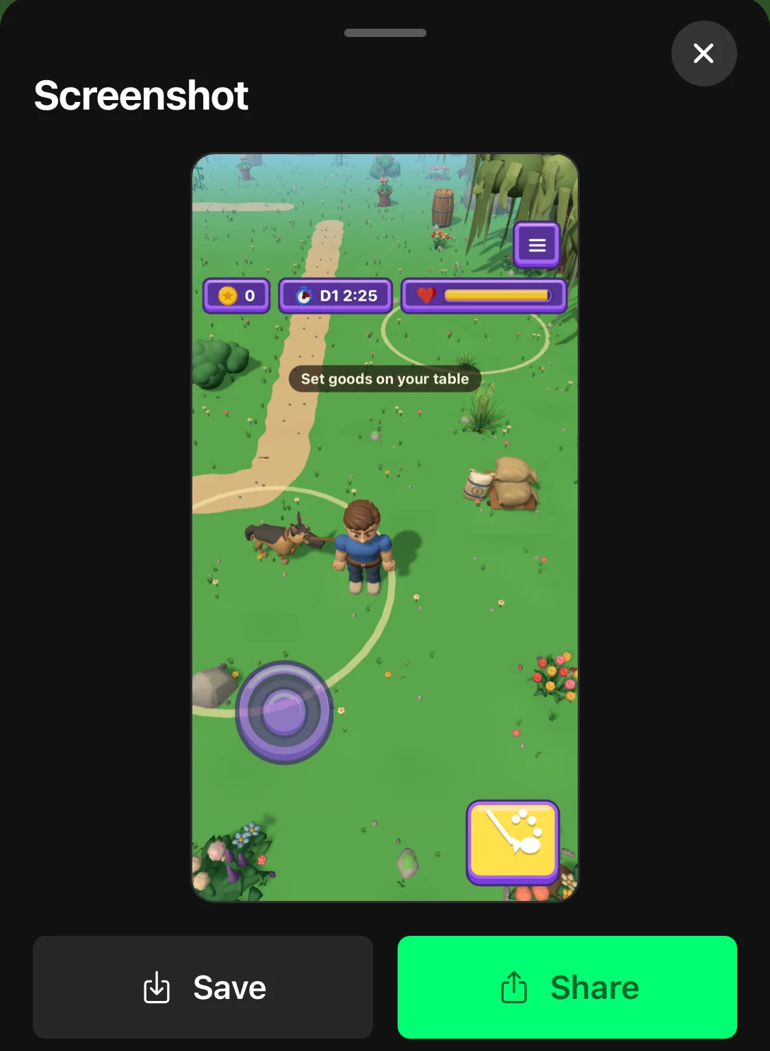 The Screenshot sheet in a Flikk game, with Save and Share buttons