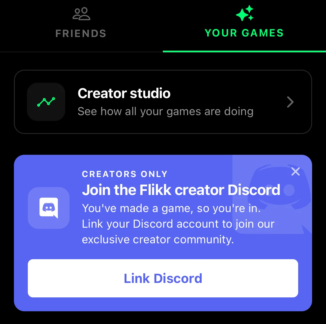 The Profile tab in Flikk with the card "Join the Flikk creator Discord" and a Link Discord button