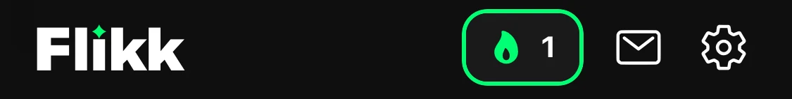 The top of the Flikk Profile tab with the streak, the envelope icon for the inbox and settings