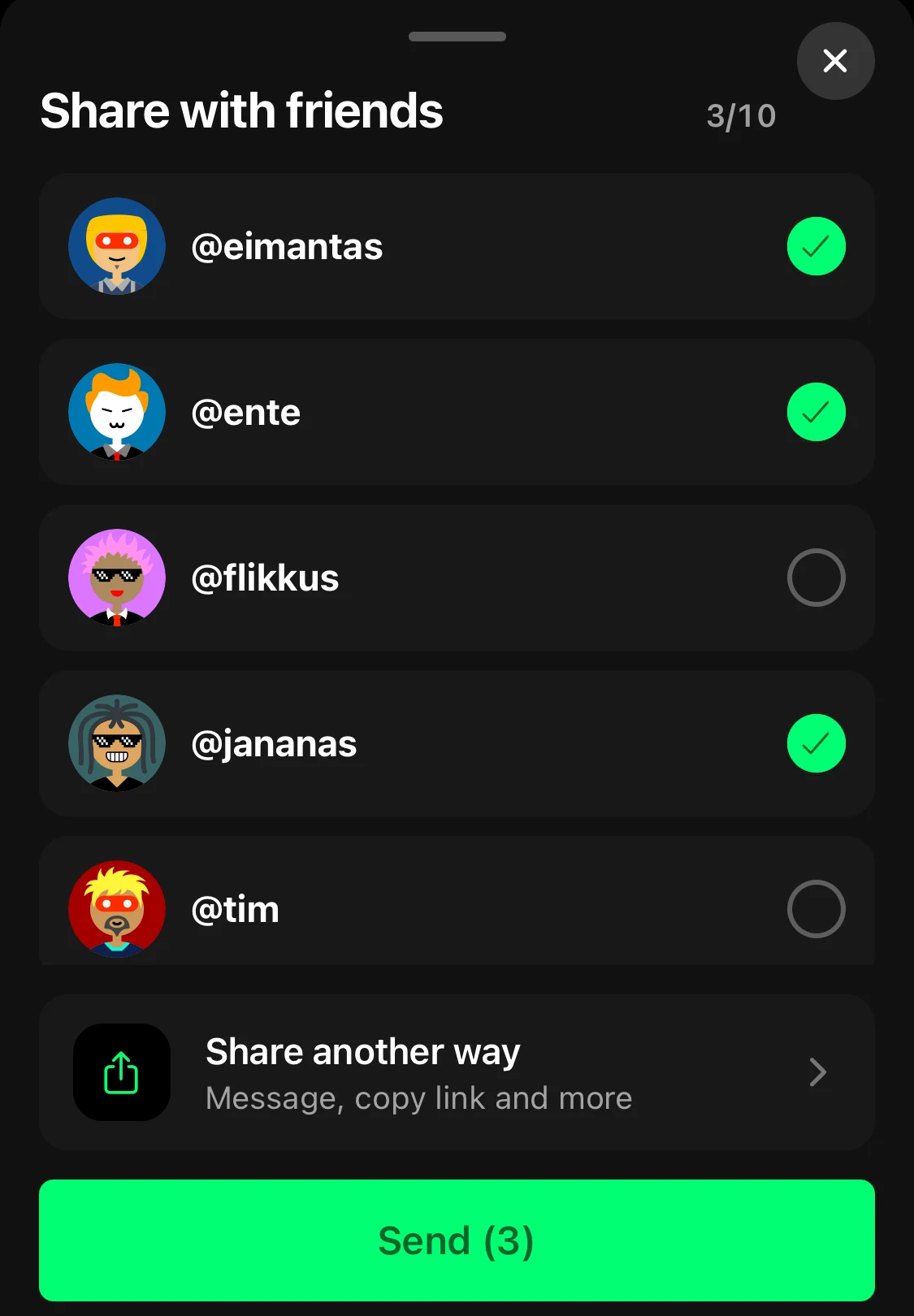 Share with friends on Flikk: three friends ticked and a Send (3) button