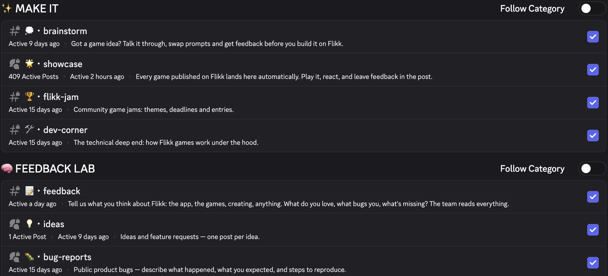 The Make it and Feedback Lab channels: brainstorm, showcase, flikk-jam, dev-corner, feedback, ideas and bug-reports