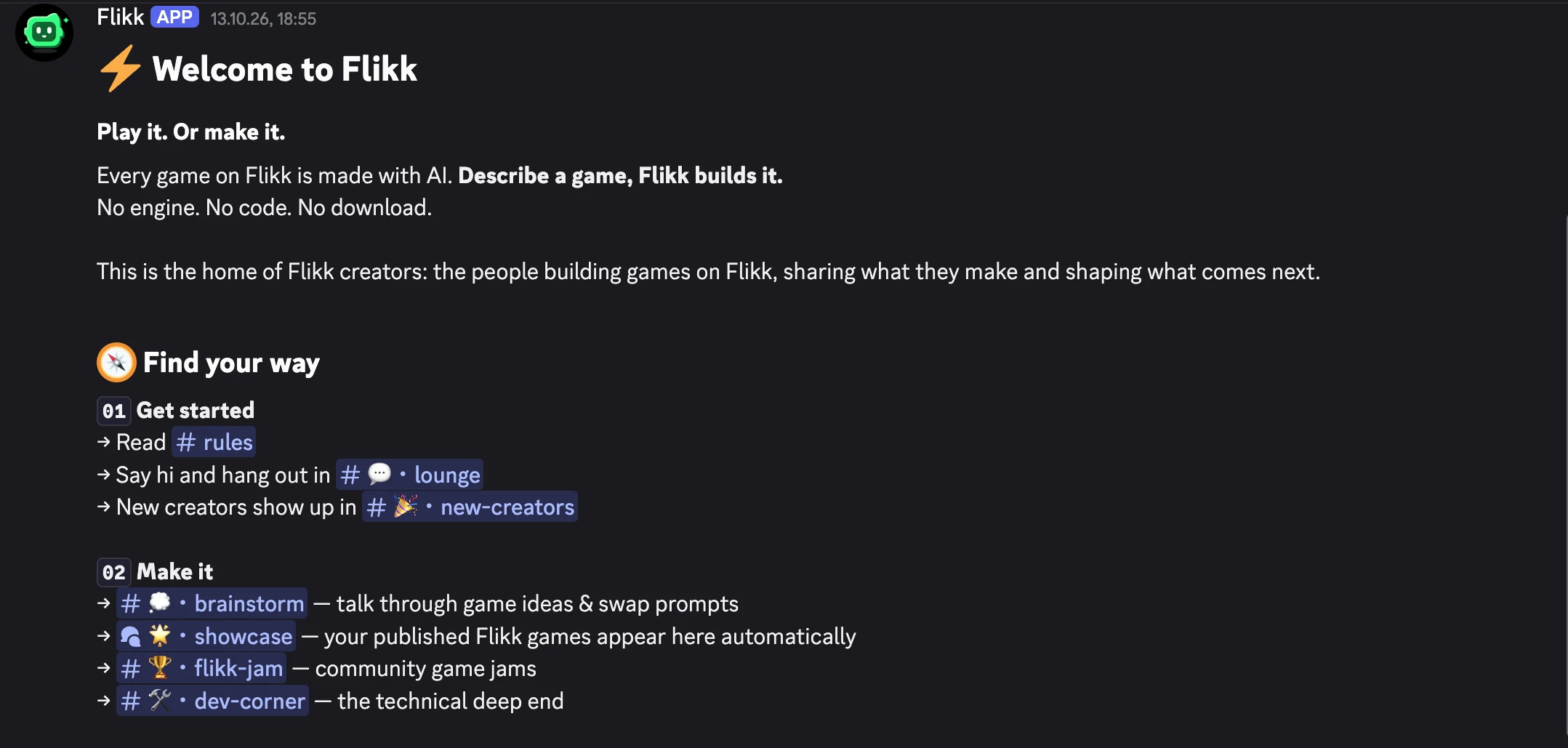 The start-here channel in the Flikk creator Discord: Welcome to Flikk, with a map of the channels