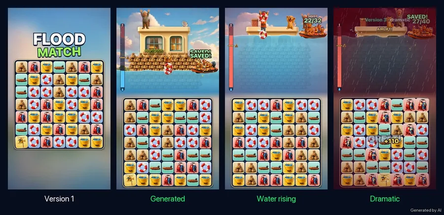 Illustration: the same match-3 game in four versions, plain, with a flooded rooftop, with the water rising, and in a storm