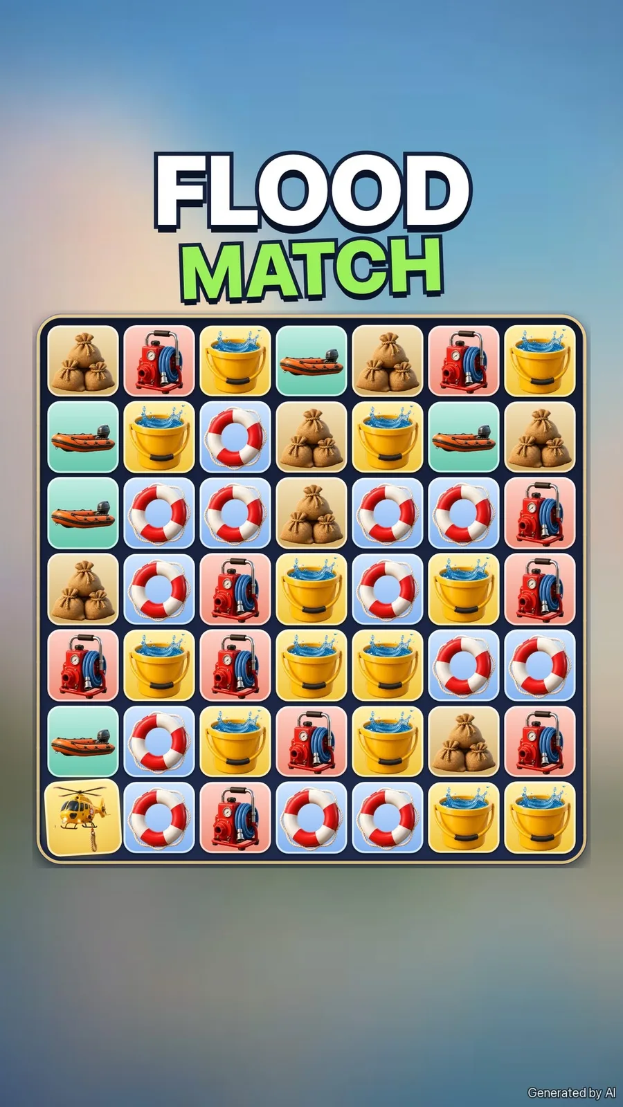 Illustration: version 1, a match-3 board of sandbags, pumps, buckets, life rings and rescue boats