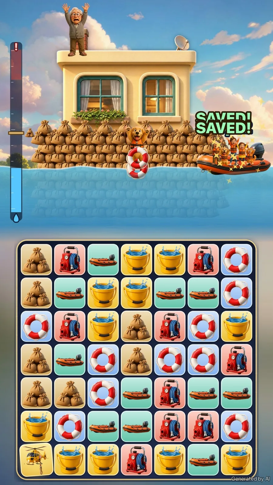 Illustration: a flooded house with people on the roof, a rescue boat, and the match-3 board below
