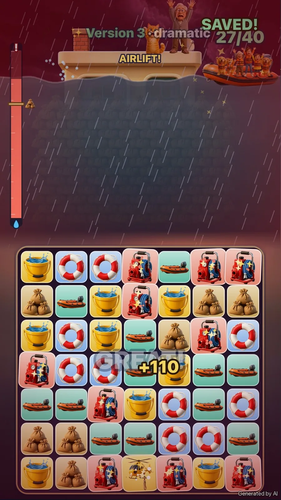 Illustration: the storm version, the house in red light and rain above the board