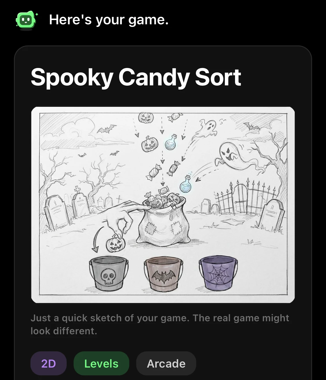 Flikk's game plan for Spooky Candy Sort: a sketch of a candy bag, three buckets and a ghost in a graveyard