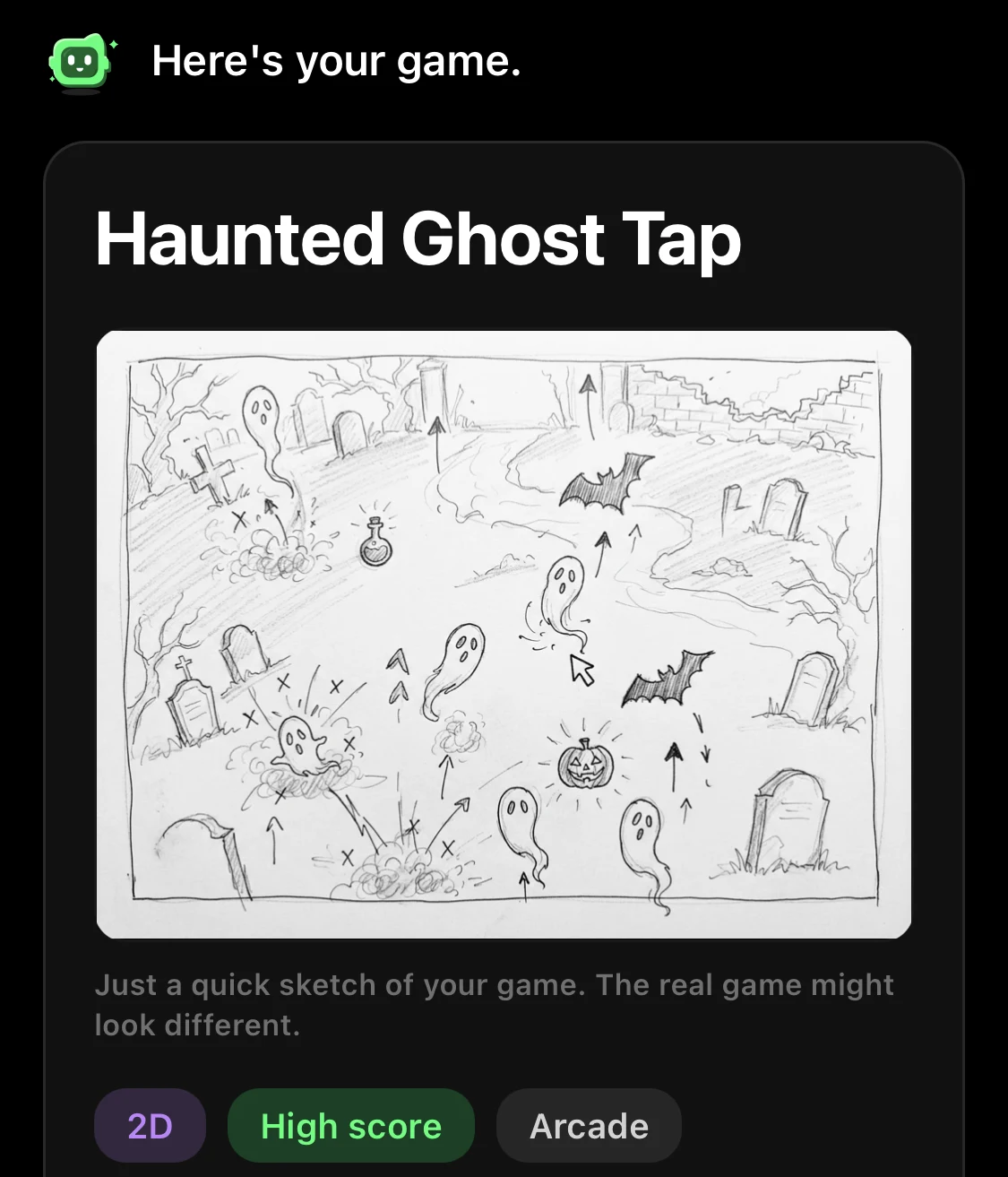Flikk's game plan for Haunted Ghost Tap: a sketch of ghosts rising from a graveyard with bats in between
