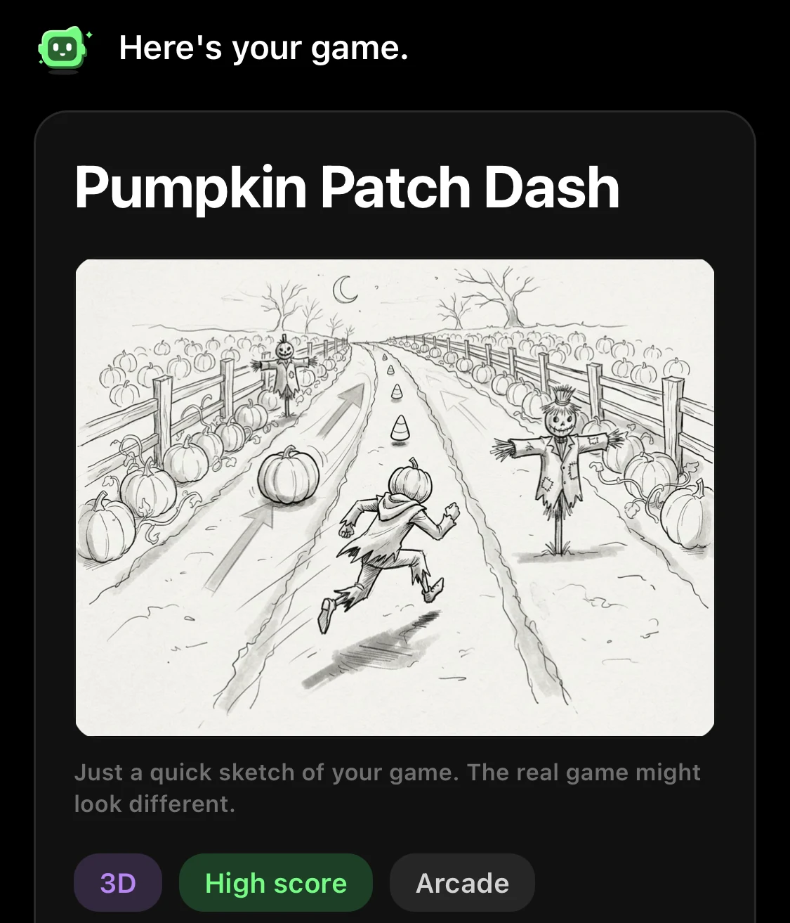 Flikk's game plan for Pumpkin Patch Dash: a sketch of a pumpkin-headed runner on a dirt track between scarecrows