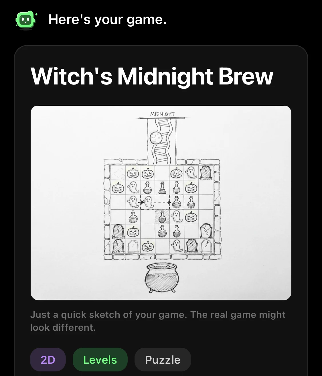 Flikk's game plan for Witch's Midnight Brew: a sketch of a match-3 grid with a moon timer above and a cauldron below