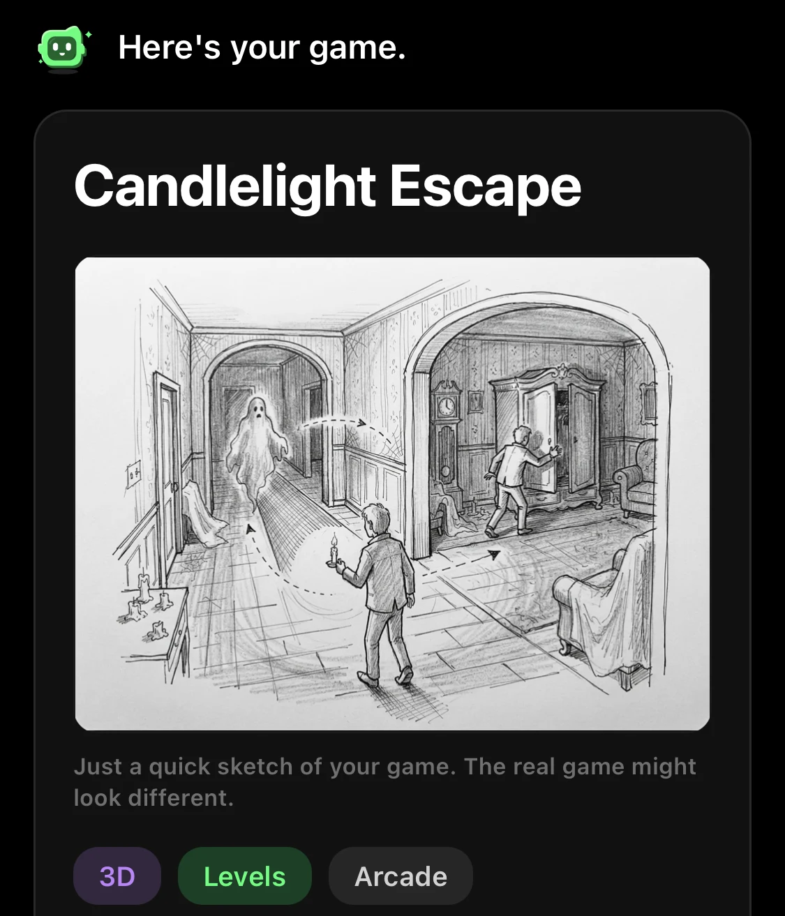Flikk's game plan for Candlelight Escape: a sketch of a kid with a candle in a mansion hallway and a ghost nearby