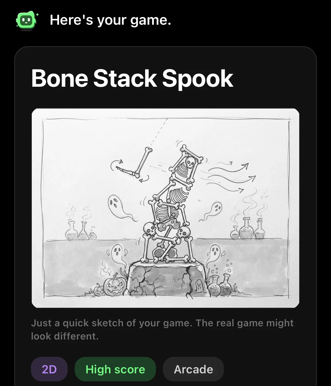 Flikk's game plan for Bone Stack Spook: a sketch of a wobbly tower of skeleton bones with wind arrows