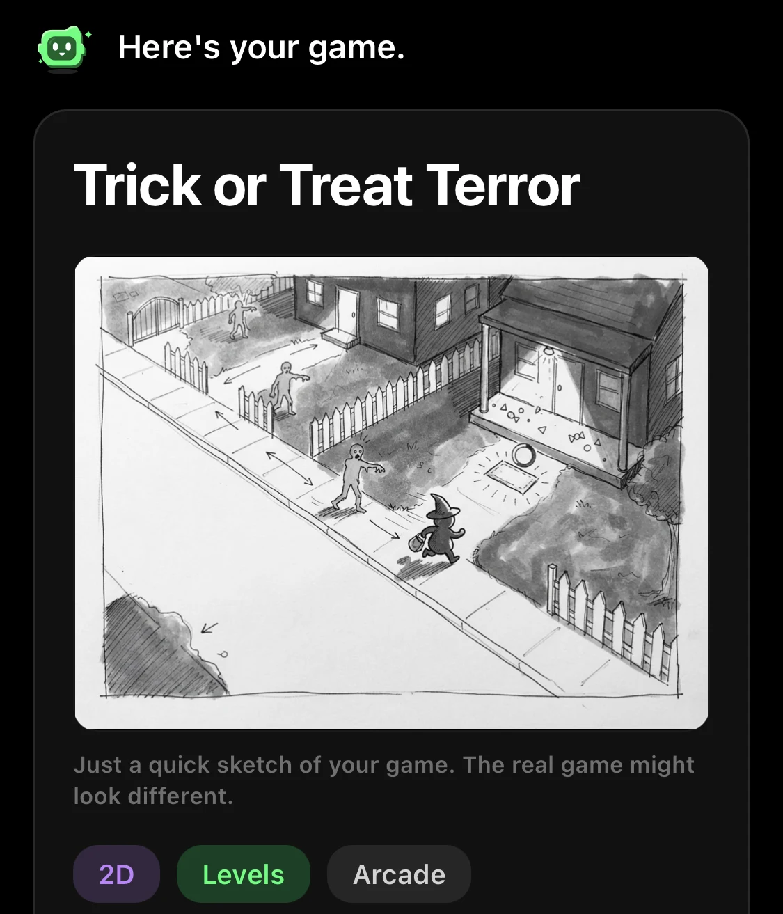 Flikk's game plan for Trick or Treat Terror: a sketch of a kid with a candy bucket walking past zombies on a dark street