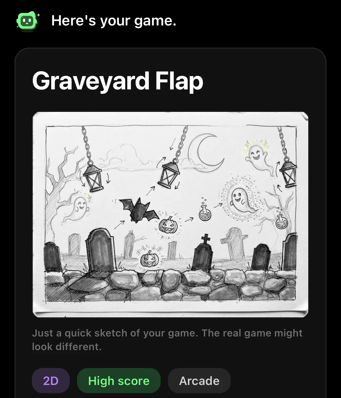 Flikk's game plan for Graveyard Flap: a sketch of a bat flying between tombstones and swinging lanterns under a crescent moon