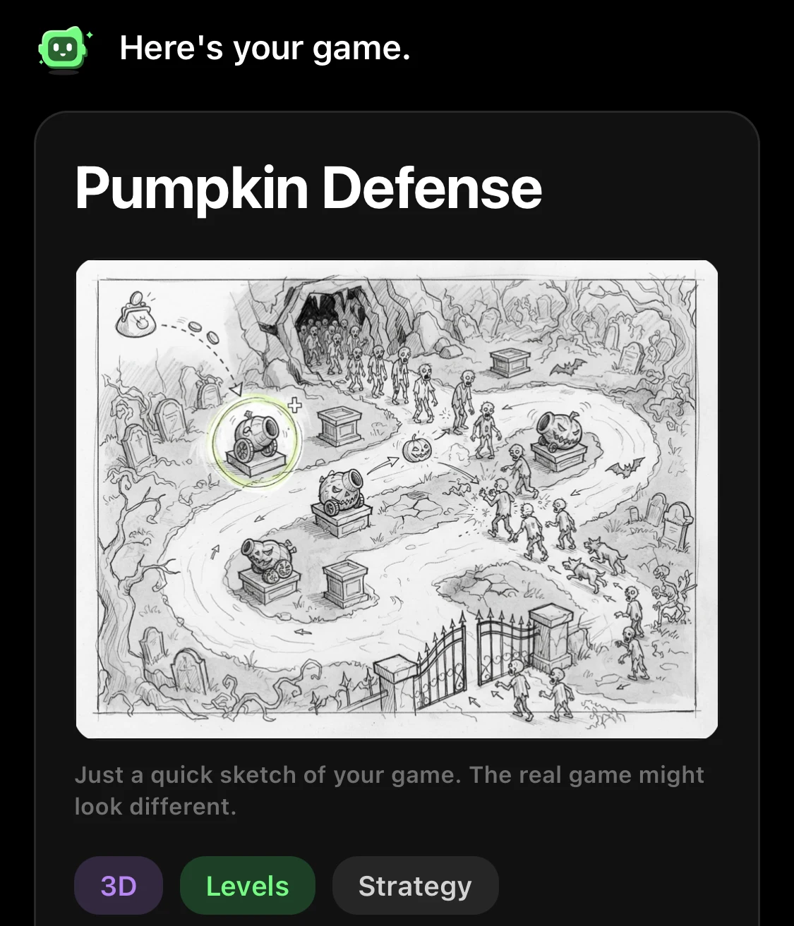Flikk's game plan for Pumpkin Defense: a sketch of zombies marching along a winding path past pumpkin cannons