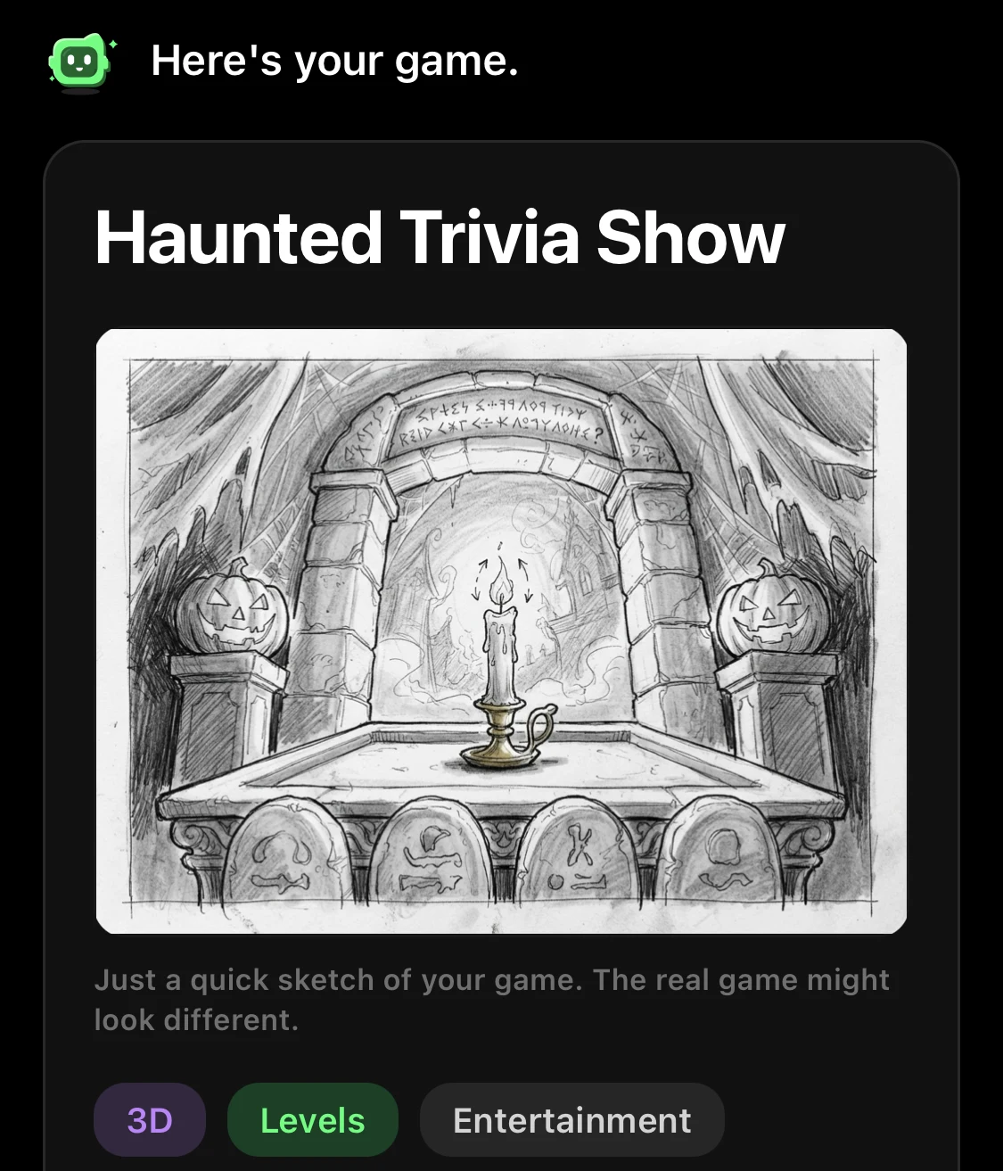 Flikk's game plan for Haunted Trivia Show: a sketch of a stone stage with a lit candle on a podium and jack-o'-lanterns