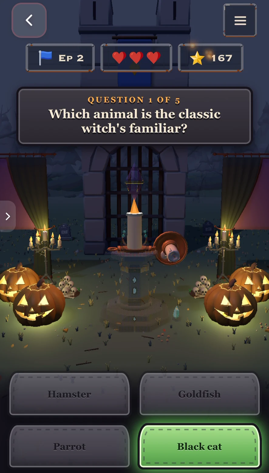 Haunted Trivia Show: "Which animal is the classic witch's familiar?" with Black cat lit up green and a tall candle