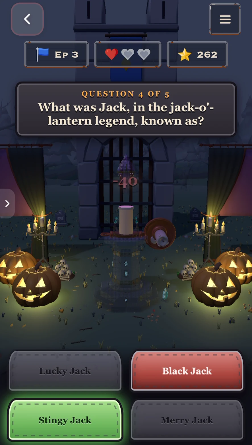 Haunted Trivia Show: a wrong answer on the jack-o'-lantern question, with a heart lost and the candle burned low