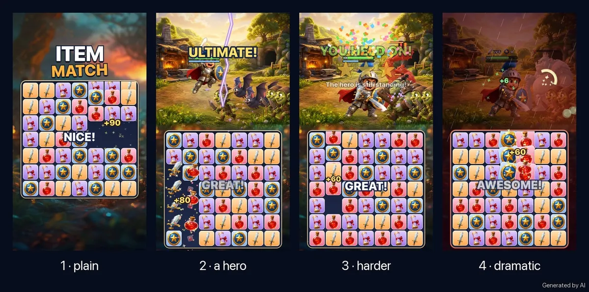 Illustration: the same match-3 game in four versions, plain, with a hero, harder, and dramatic