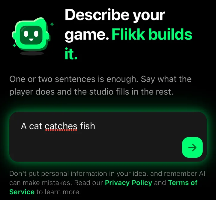 The Flikk Create tab with the idea "A cat catches fish" typed in