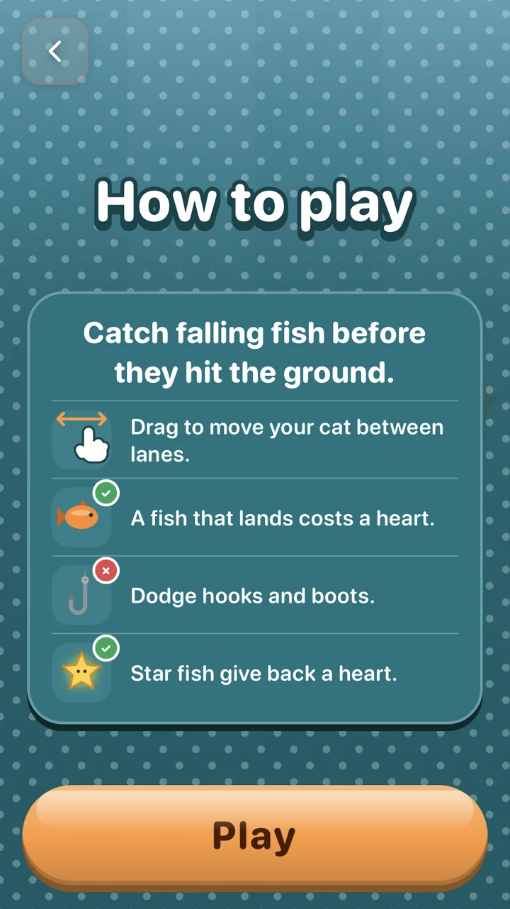 The How to play screen: catch falling fish, dodge hooks and boots