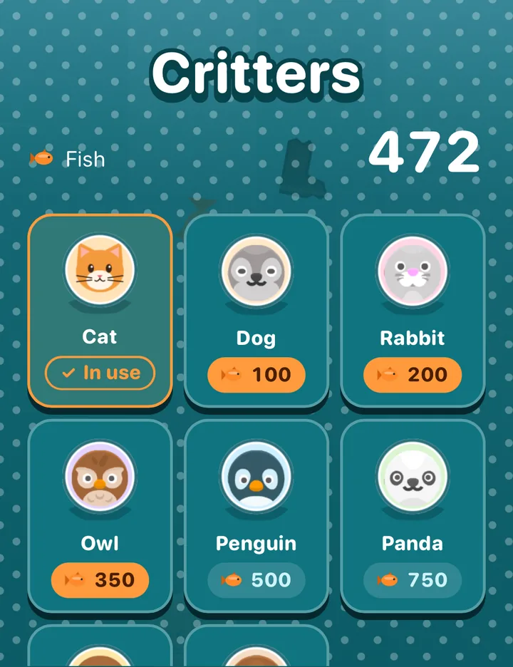 The Critters shop: fish are the currency, spent on new characters