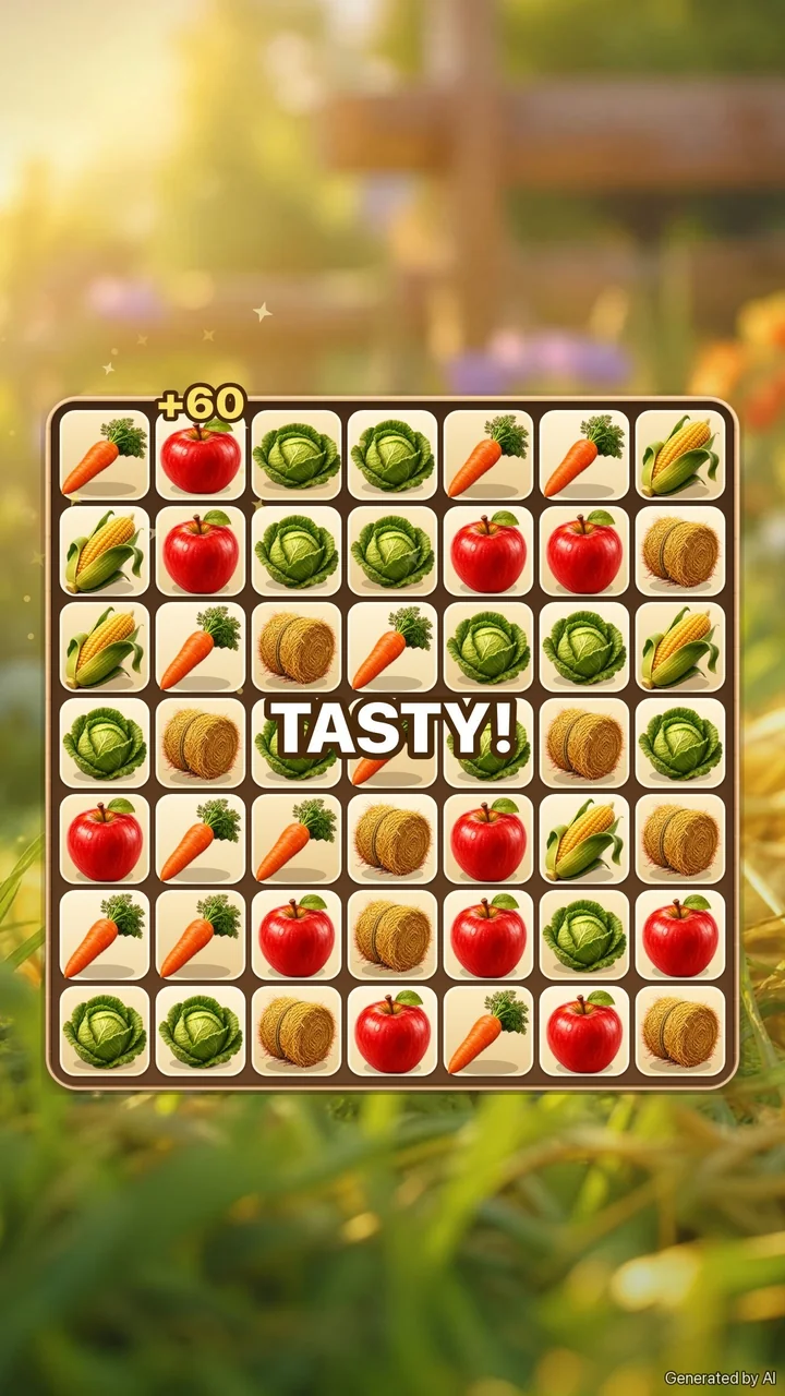 Illustration: version 1, a match-3 board of carrots, hay, corn, apples and cabbages
