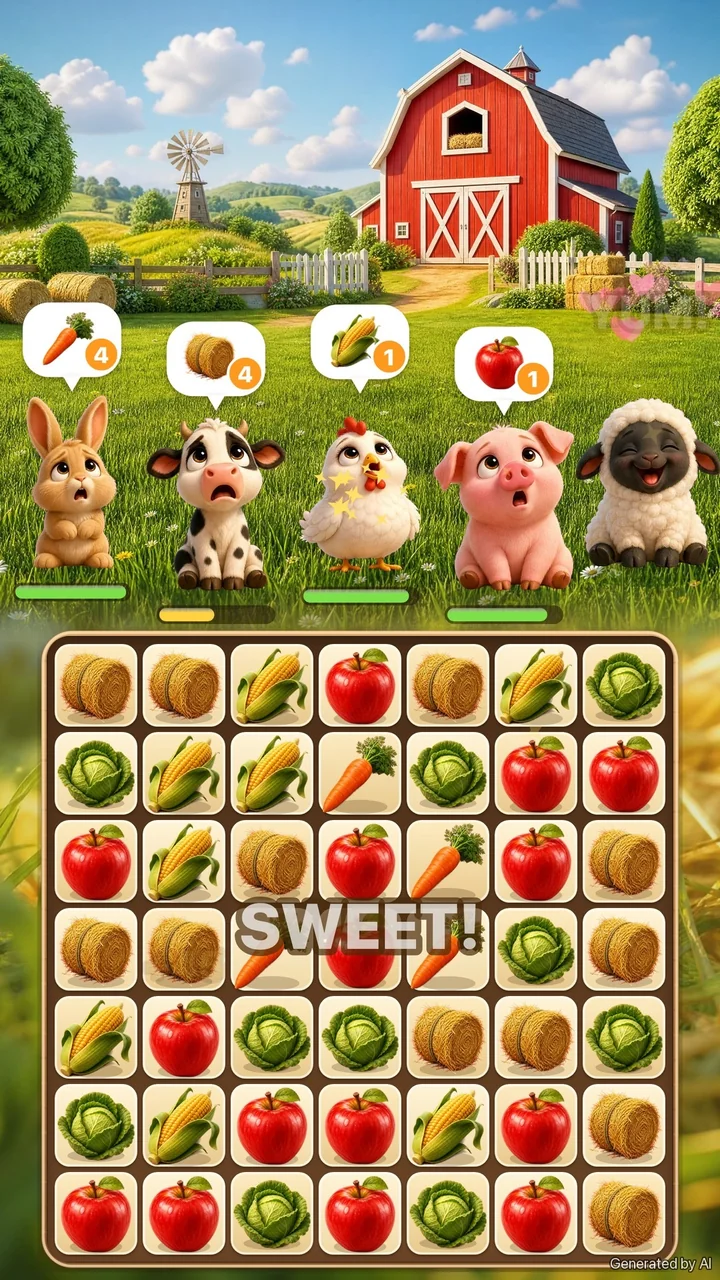 Illustration: version 2, a red barn, a windmill and five hungry animals above the match-3 board