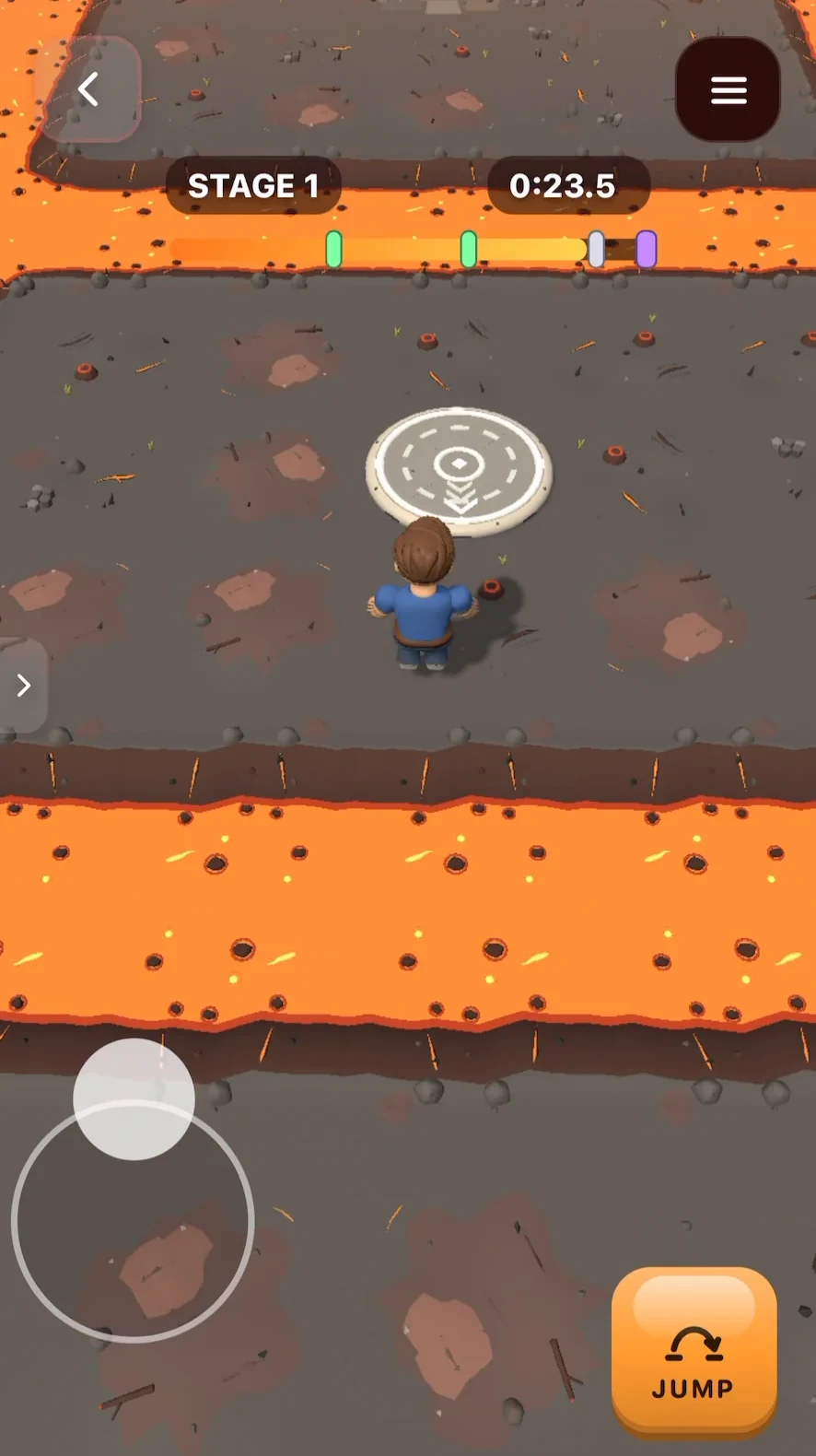 Lava Leap: a 3D character running across a stone path between rivers of lava, with a joystick and a Jump button