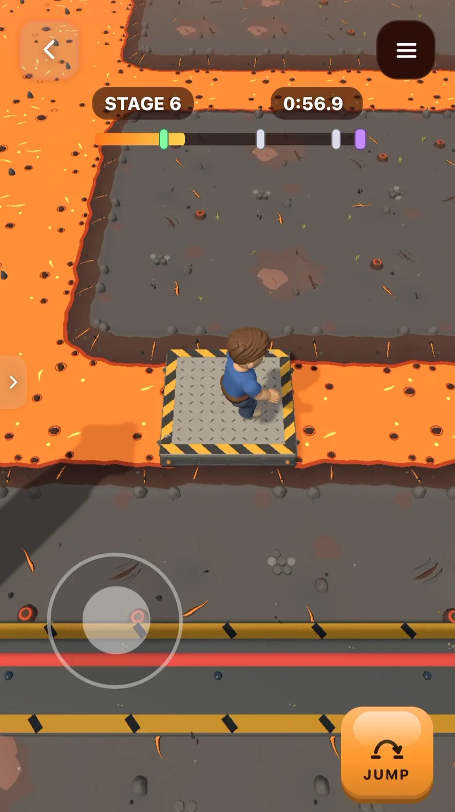 Lava Leap: the player stands on a moving metal platform with hazard stripes over the lava