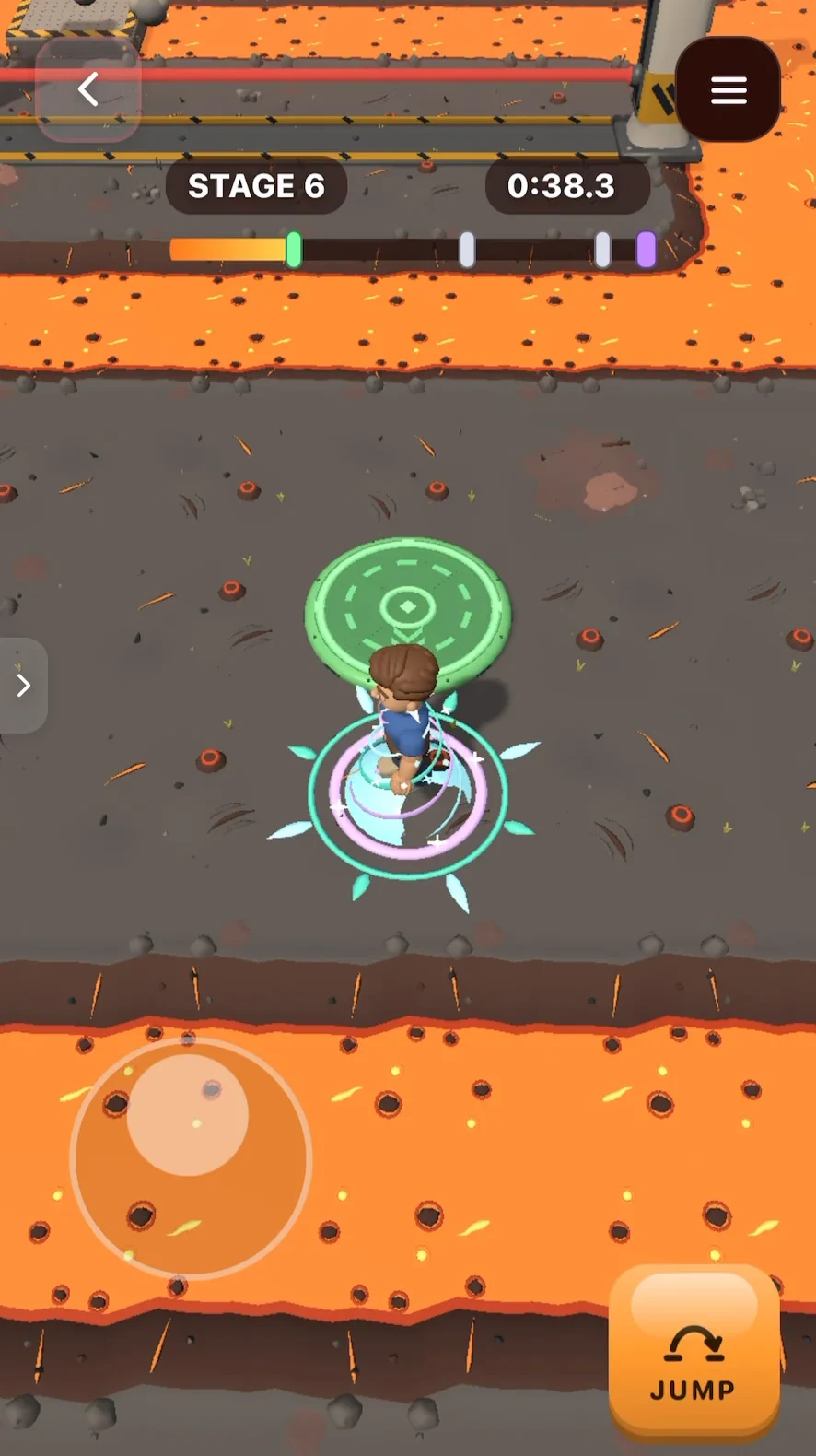 Lava Leap: the player steps on a glowing green checkpoint pad, with a ring of light around them