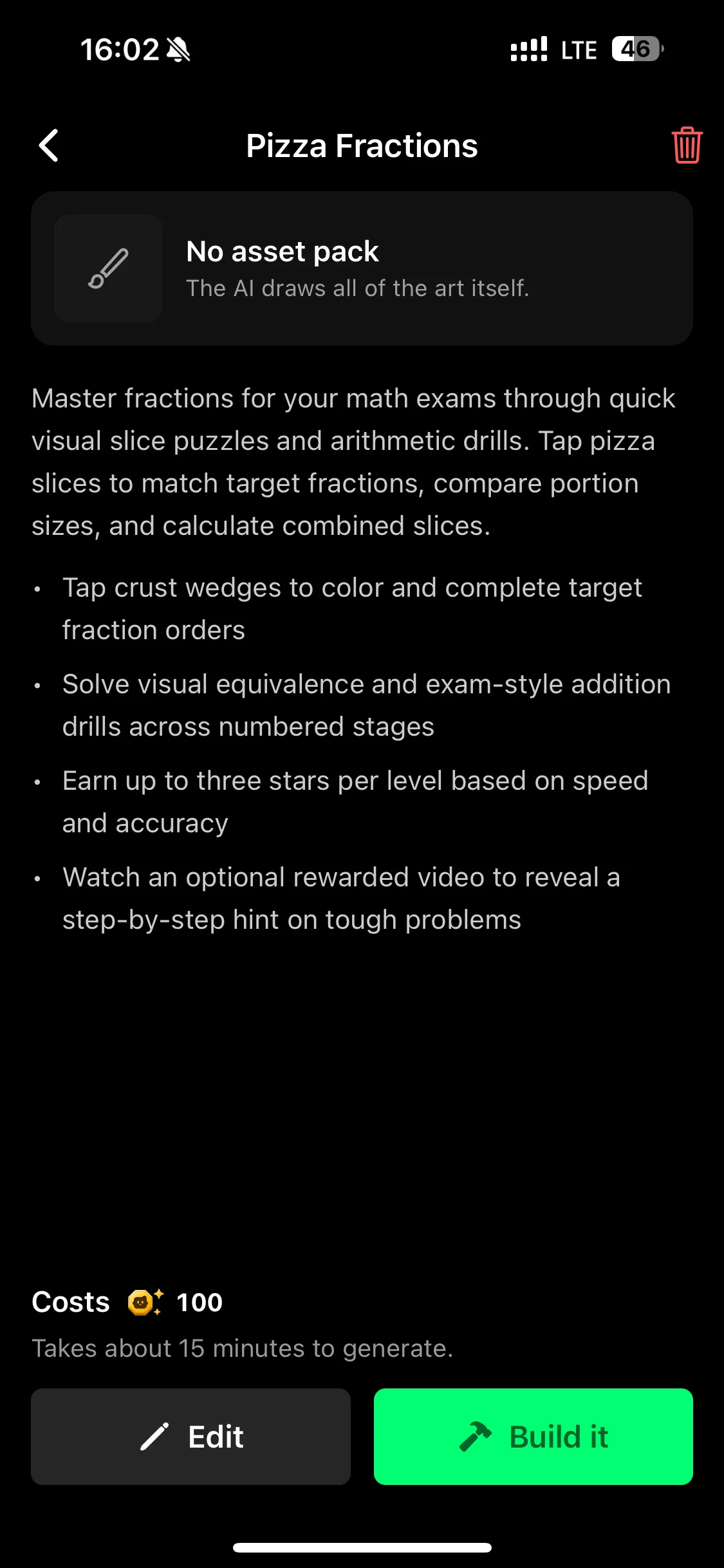 Flikk's game plan for Pizza Fractions, with the cost and the Build it button