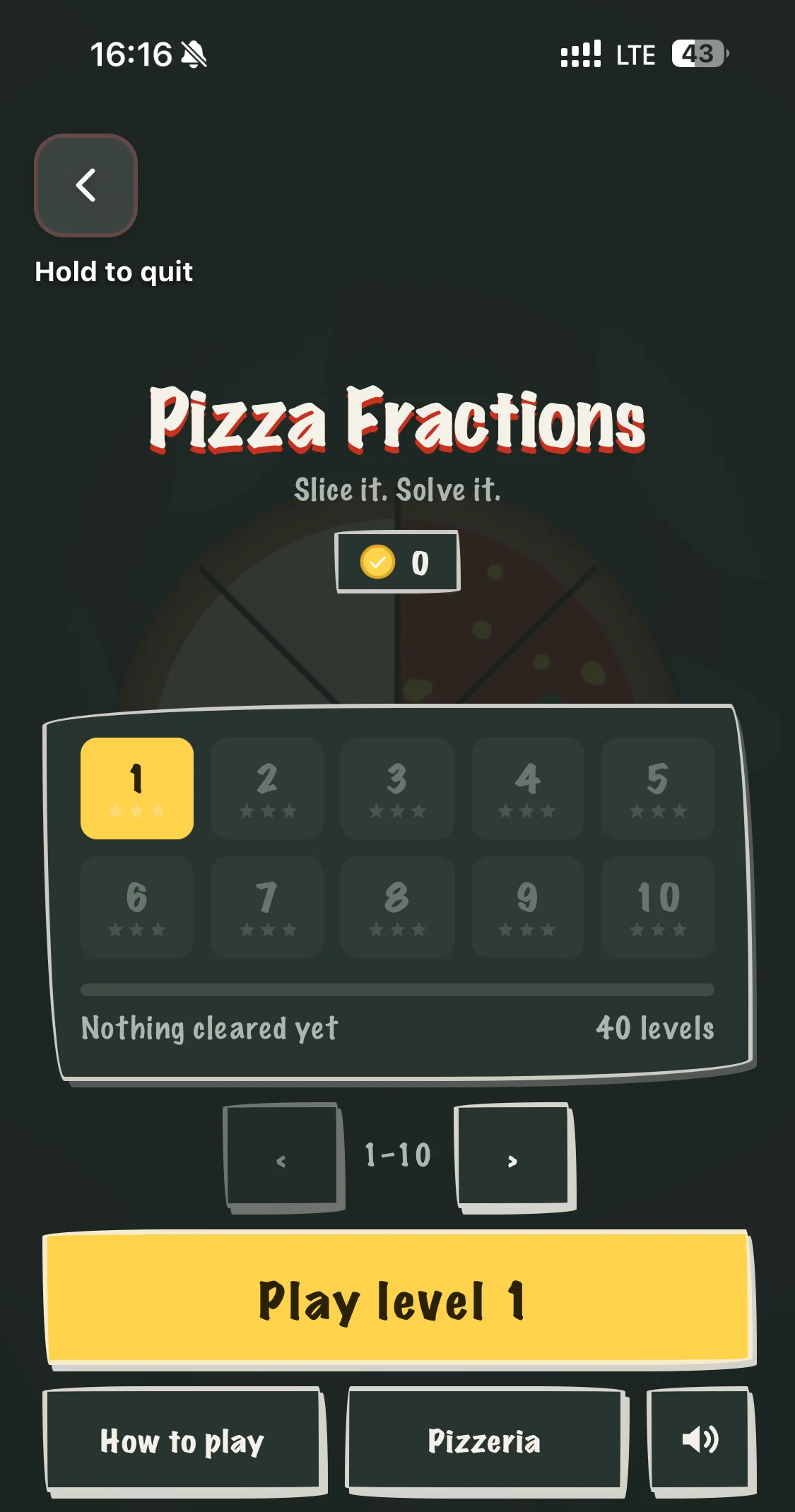 The Pizza Fractions title screen with 40 levels