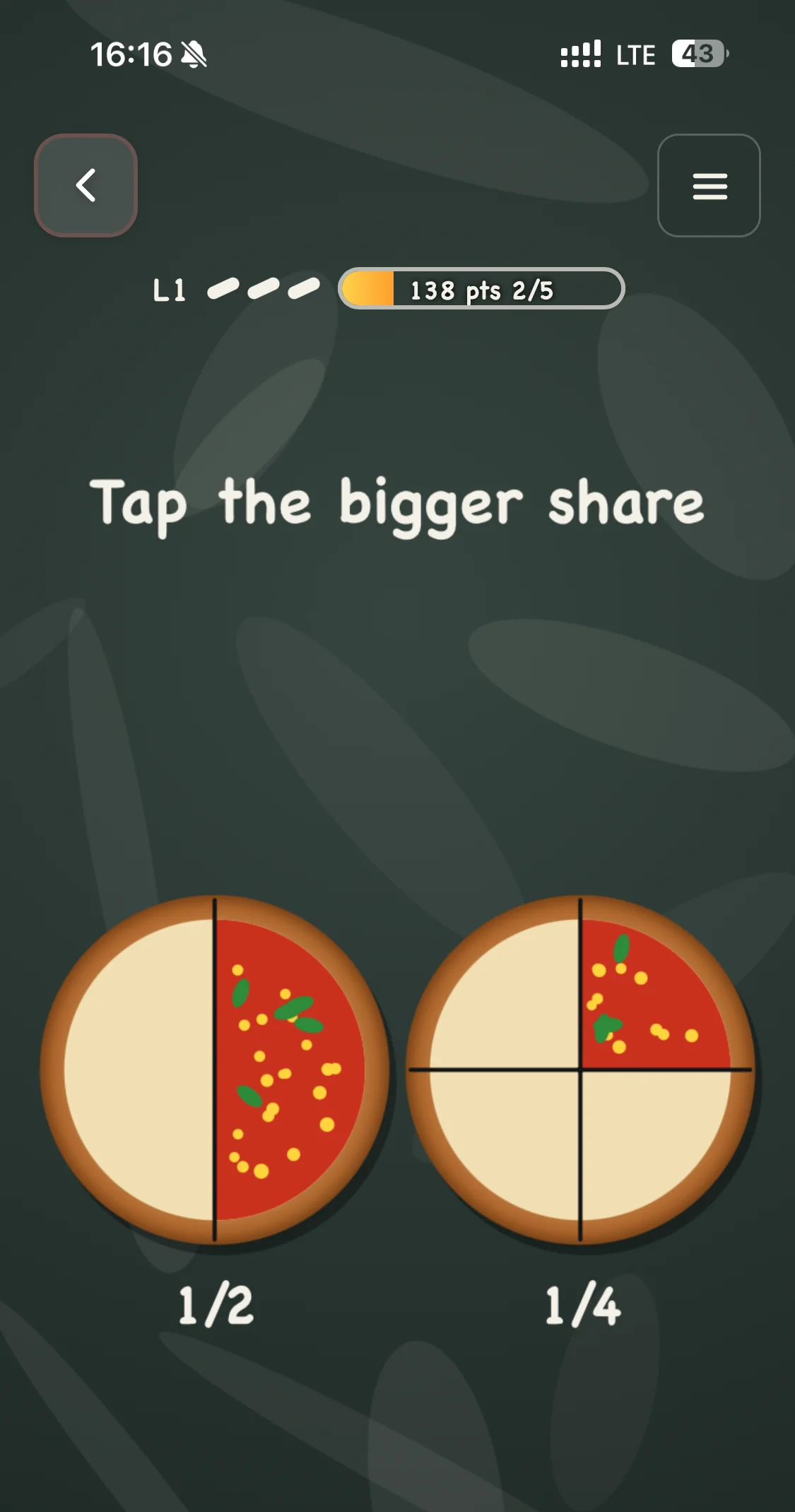 Tap the bigger share: half a pizza next to a quarter of a pizza
