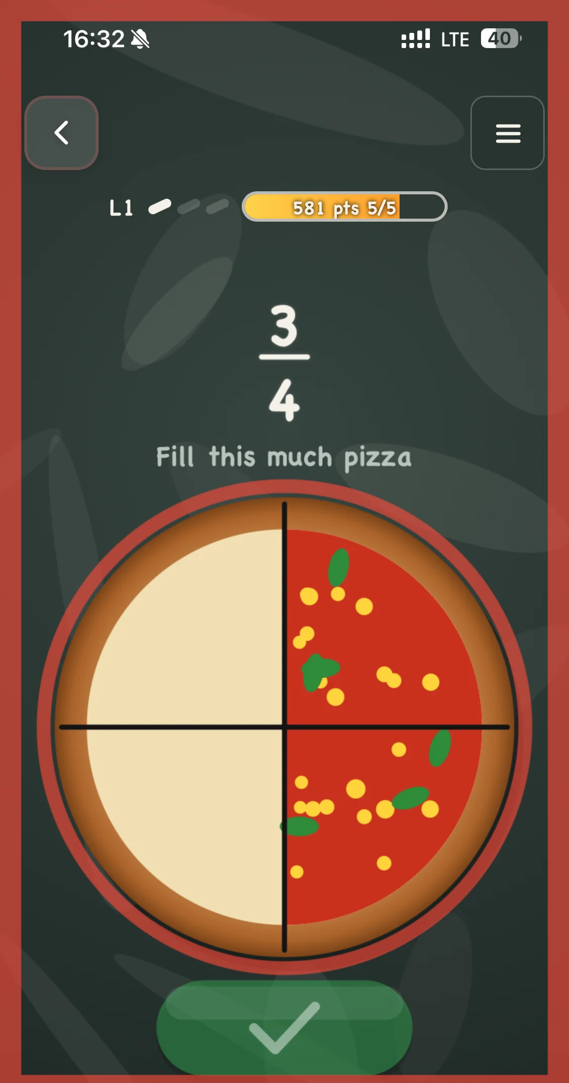A wrong answer: only 2 of 4 slices filled for 3/4, the screen flashes red