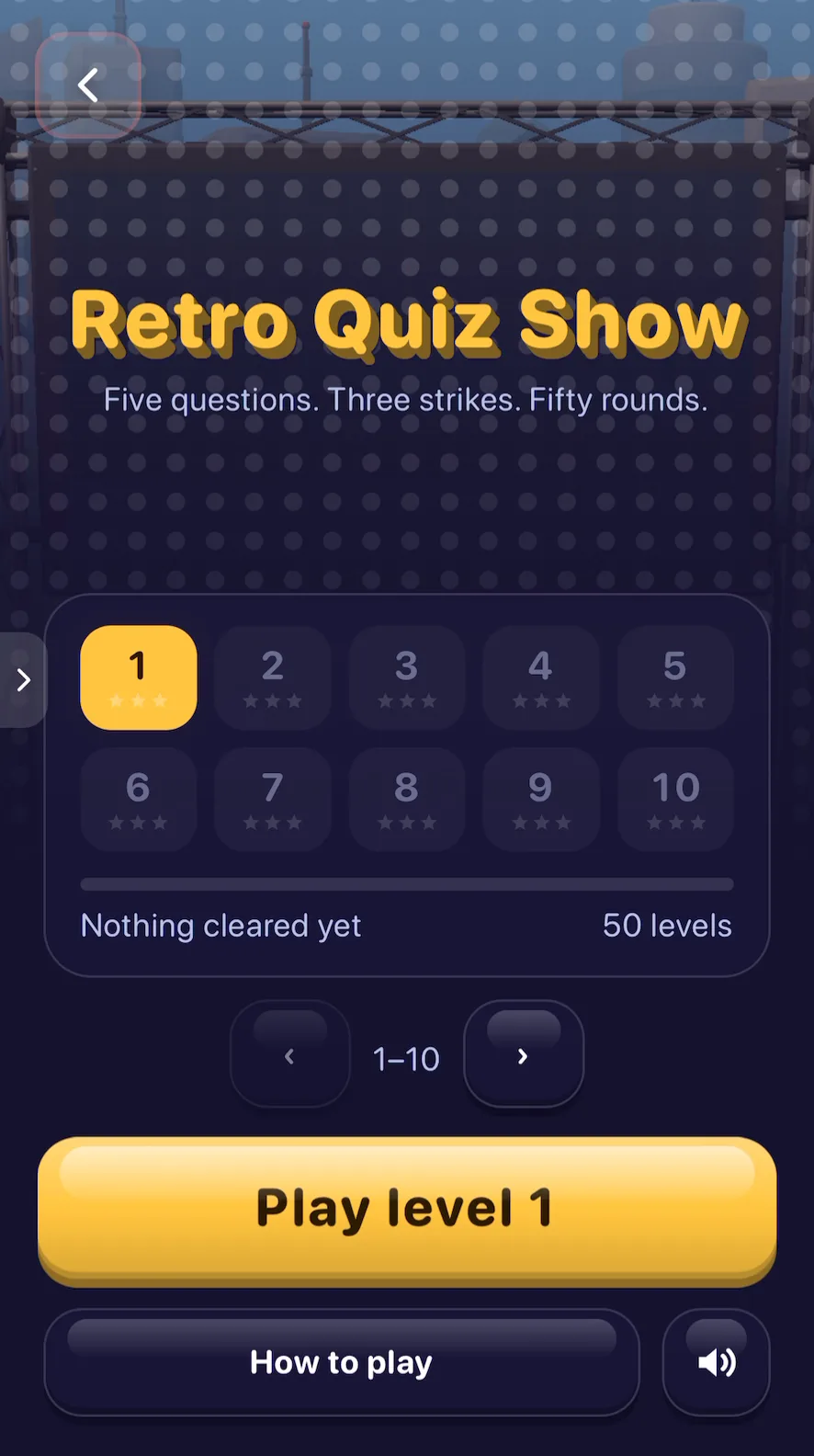 Retro Quiz Show's start screen with levels 1 to 10 and a Play level 1 button