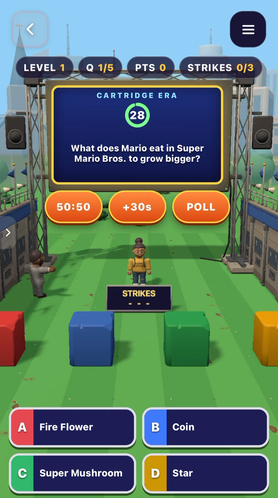 Retro Quiz Show version 1: a question about Super Mario Bros. on a big screen, lifelines below, and a contestant on a green lawn