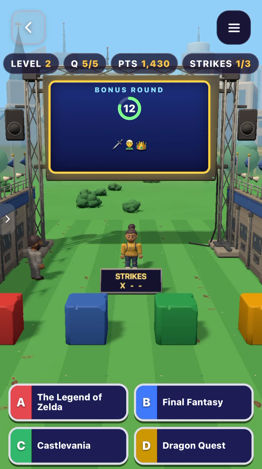 Retro Quiz Show after edit 1: the bonus round with three tiny emoji clues on the big screen